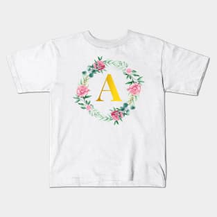 Floral Initial Wreath Monogram letter A Kids T-Shirt